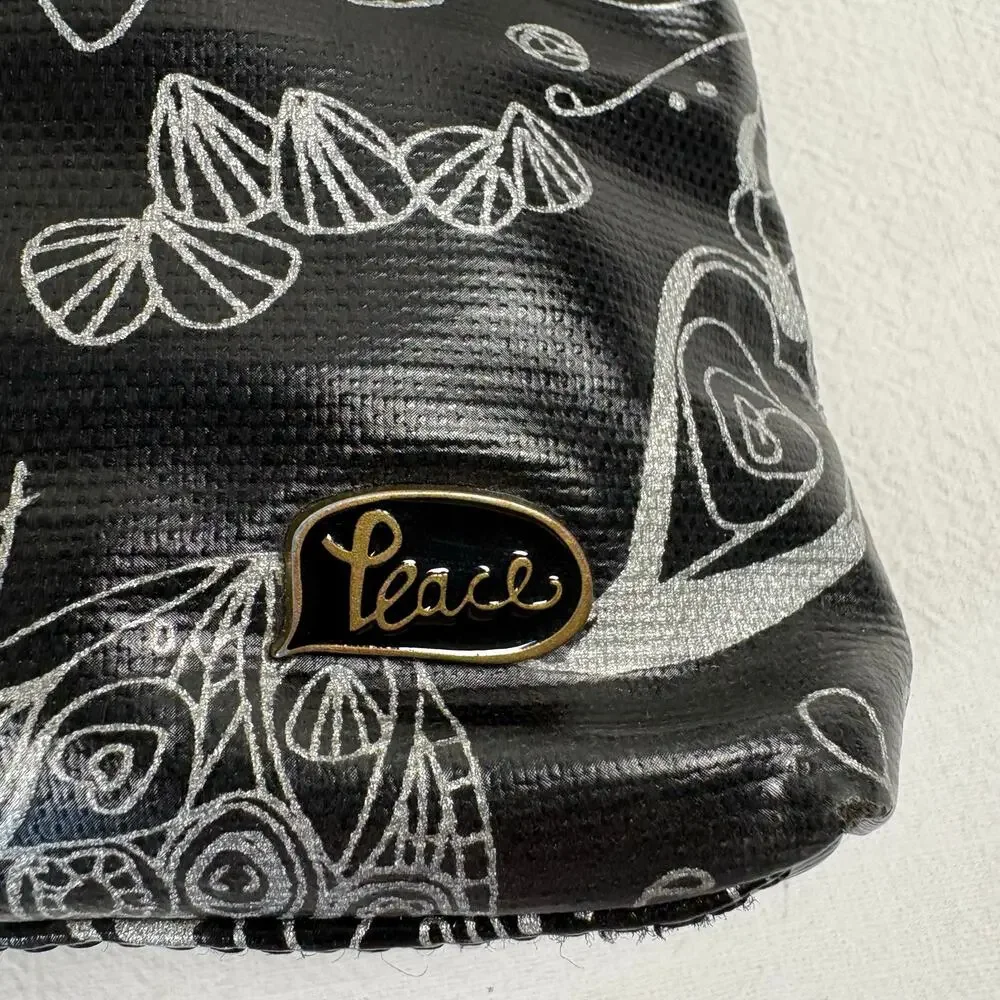 Sakroots Black Silver Peace Crossbody Organizer Bag Triple Zip Adjustable Strap